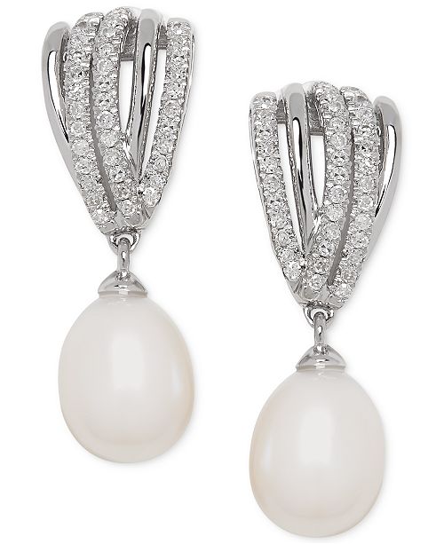 Macy's Pearl (7mm) and Diamond (1/5 ct.t .w.) Drop Earrings in Sterling ...