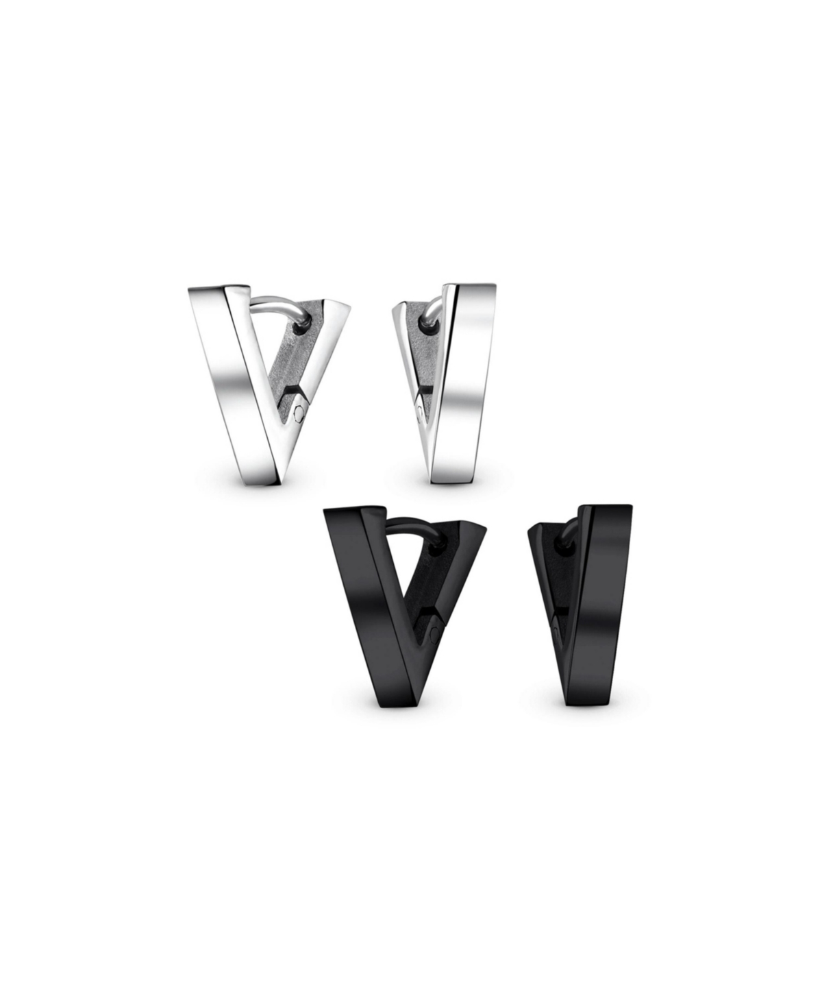 Set of 2 Geometric Triangle V-Shaped Black Hoop Huggie Earrings Stainless Steel - Silver black