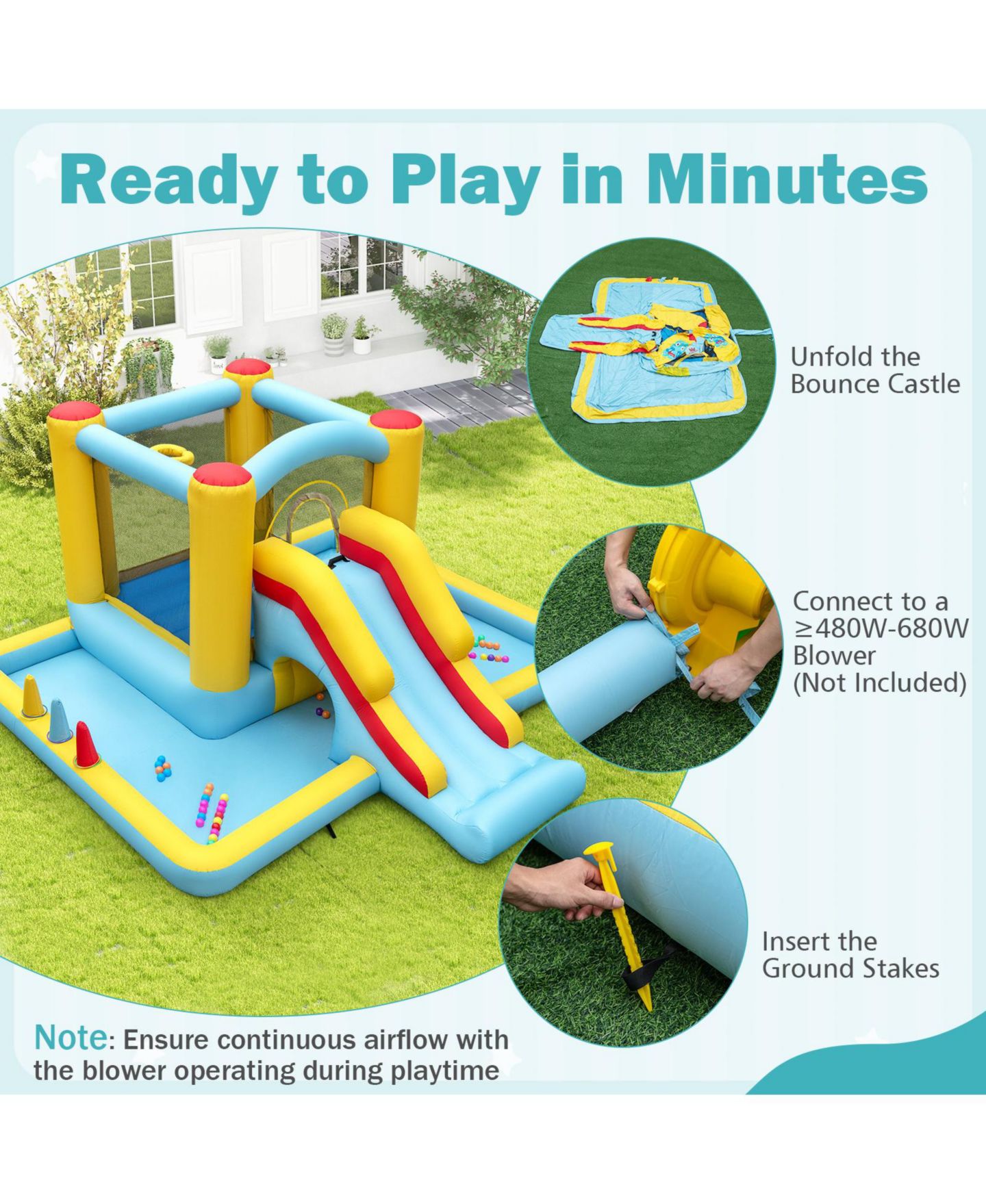 Детская игрушка GOUUN 7-in-1 Bouncy Castle with Slide and Tunnel, 200 lbs Capacity, Ages 3+, цвет: Синий — фото 8