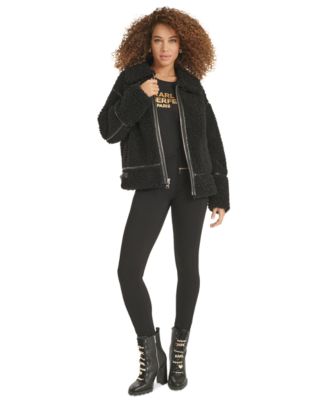 Women's Faux-Leather-Trim Teddy Moto Coat