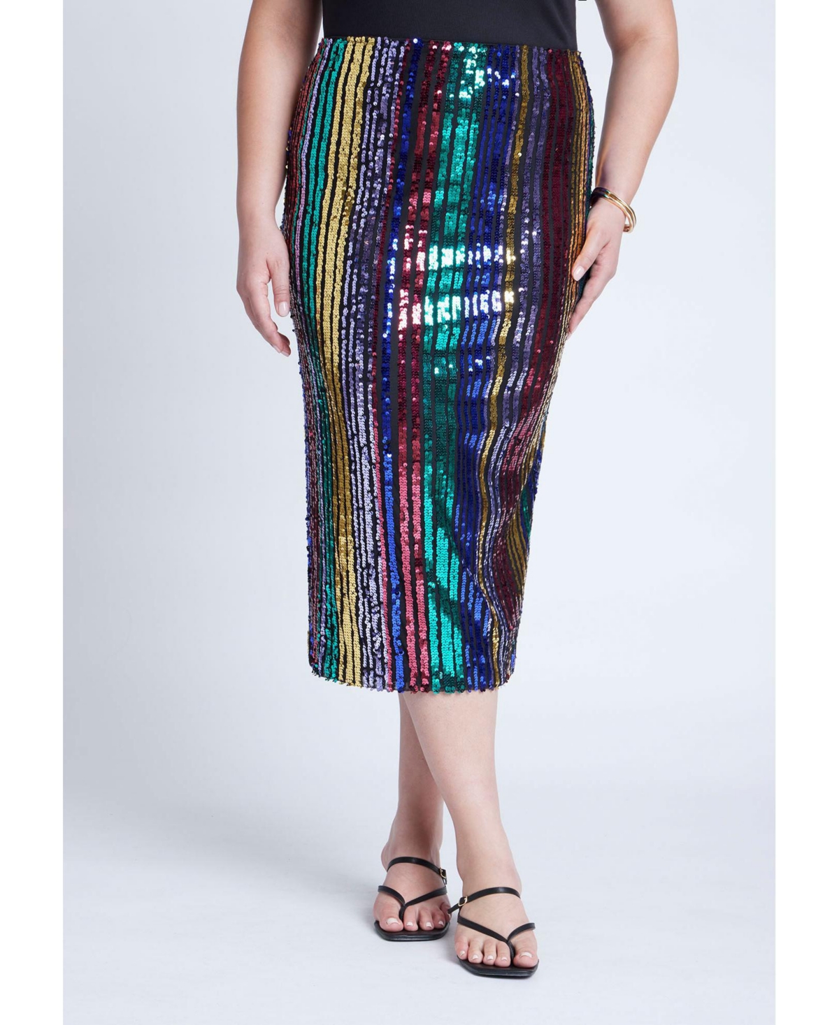 Plus Size Rainbow Striped Sequin Midi Skirt - Multi color stripe