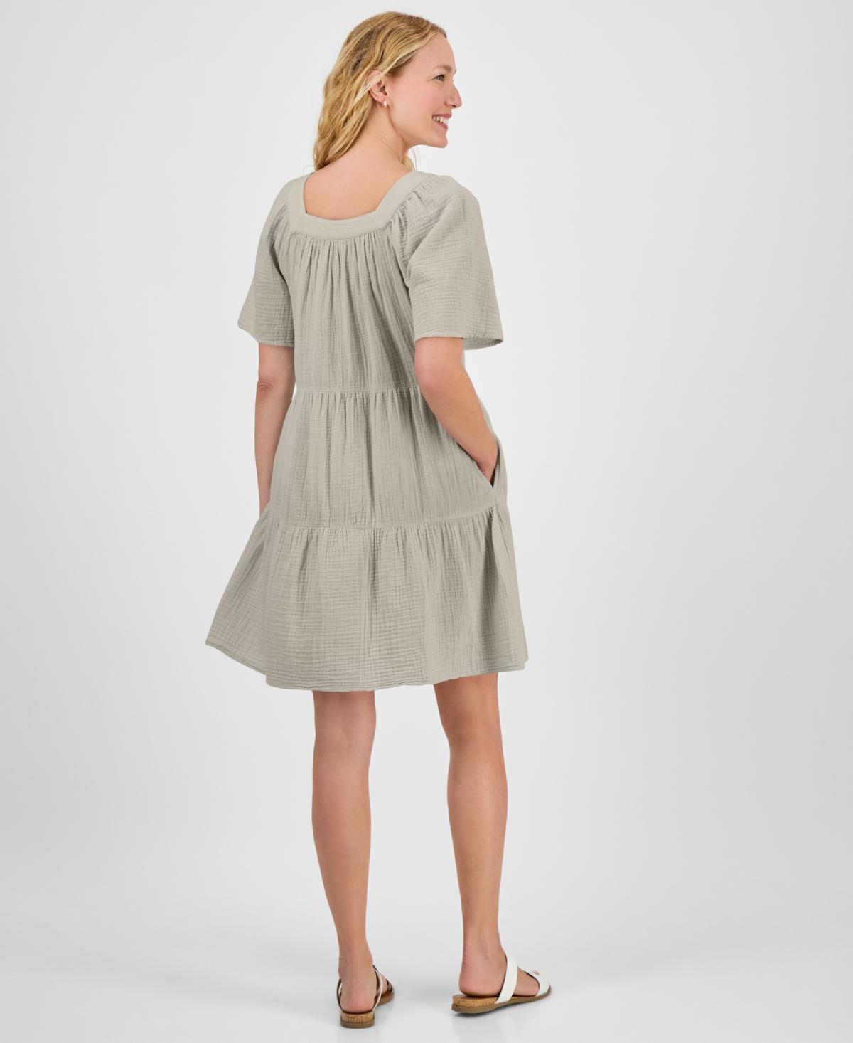 Style & Co Petite Square-neck Short-sleeve Tiered Dress, Exclusively At Macy's