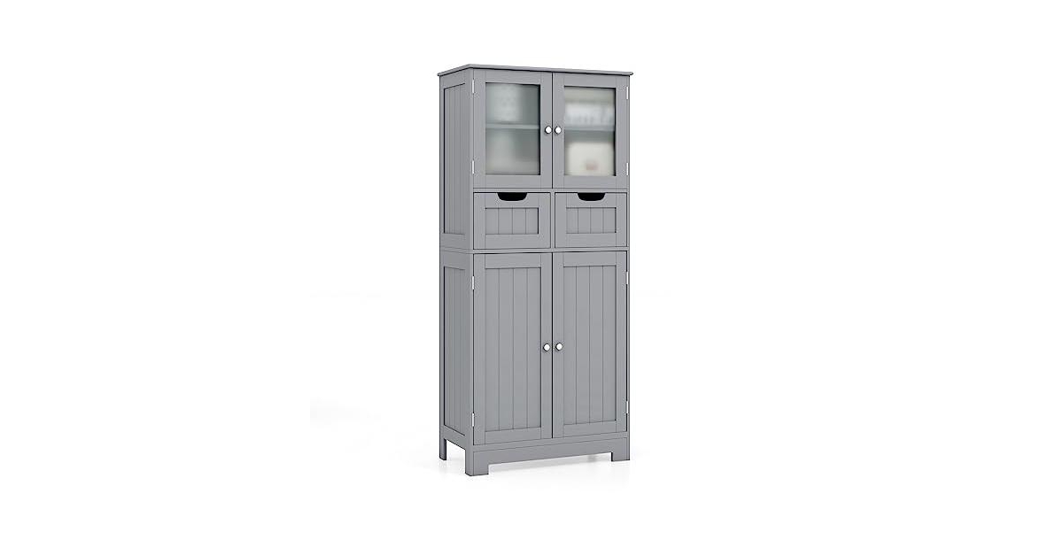 4 Door Freestanding Bathroom Floor Storage Cabinet with 2 Drawers and Glass Doors - Grey
