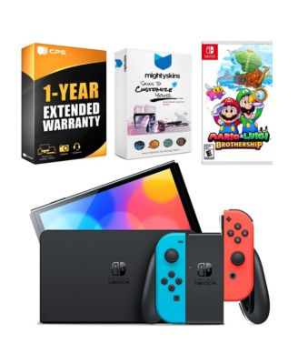 Switch Neon Red & Blue OLED Console with Mario & Luigi: Brothership, MightySkins Console and Controller Skin Voucher, and 1 Year CPS Extended