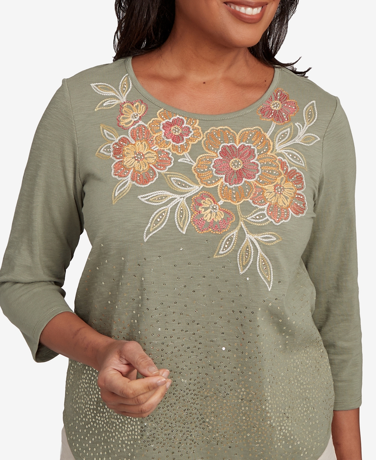 Alfred Dunner Petite Copper Canyon Scattered Sequin Floral Neck Top In Green