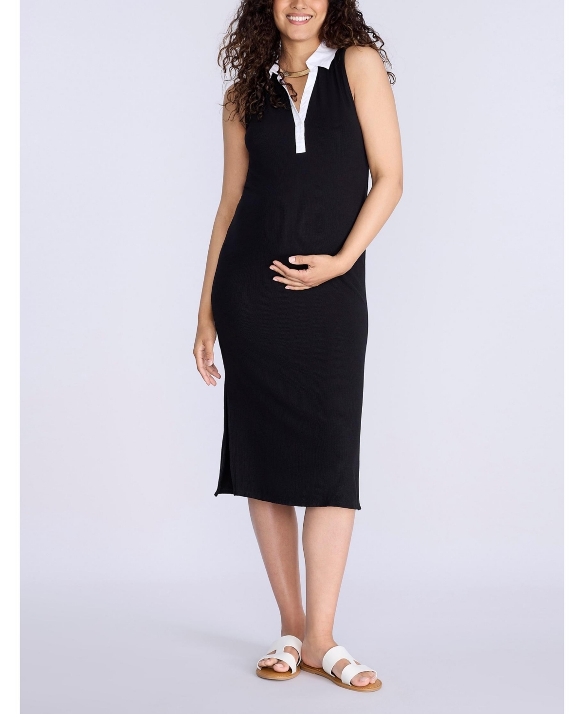 Women's Collared Sleeveless Polo Midi Dress - Motherhood Maternity - Navy  white stripe