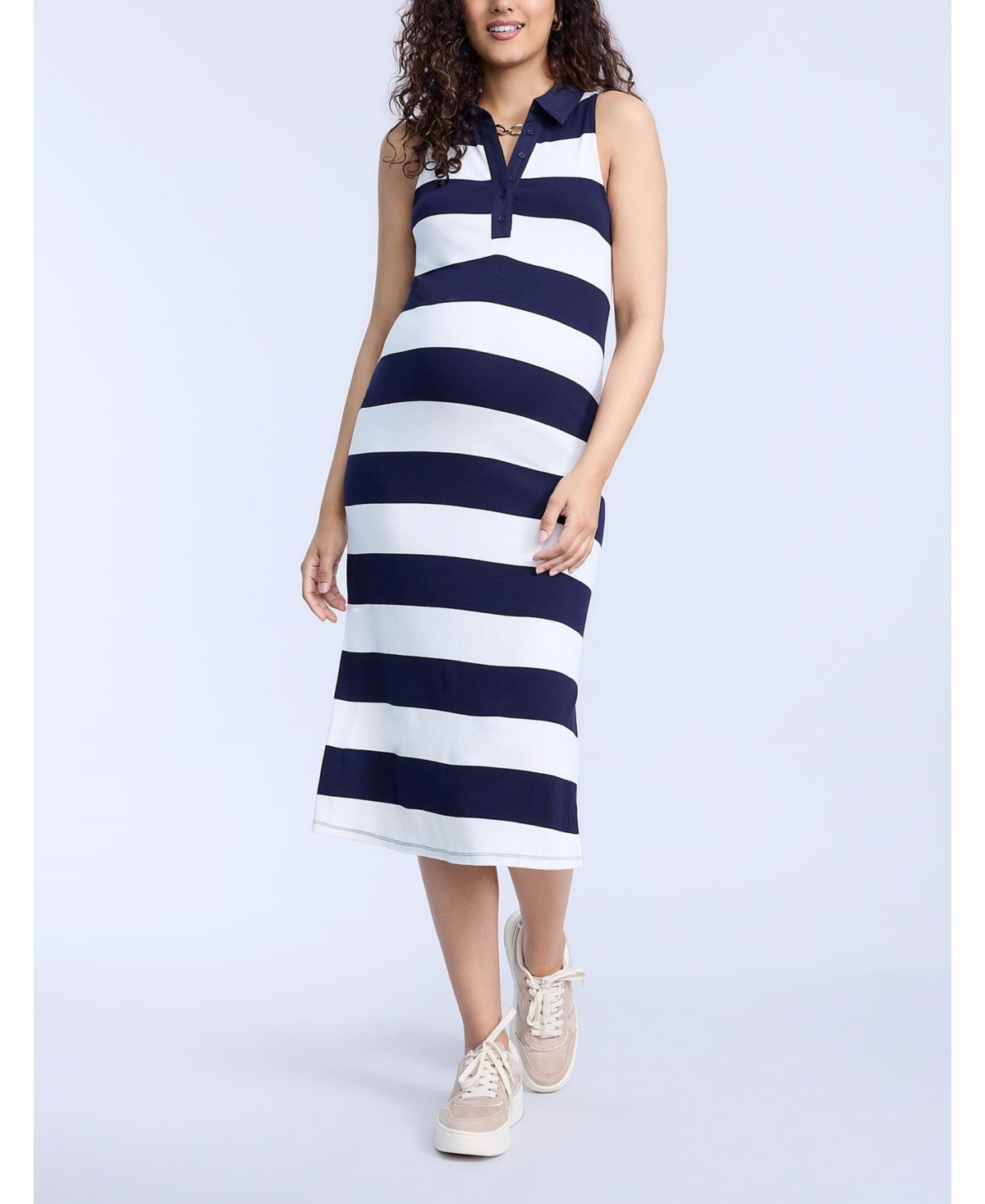 Women's Collared Sleeveless Polo Midi Dress - Motherhood Maternity - Navy  white stripe