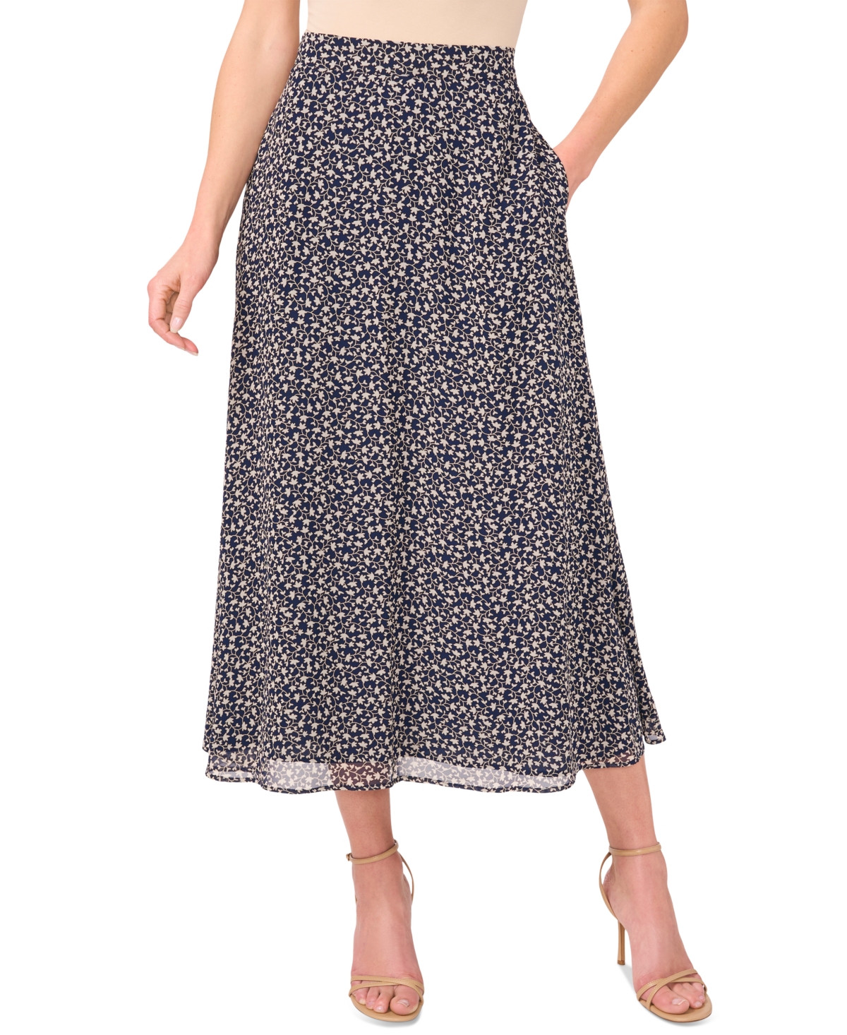 Women's Floral-Print A-Line Midi Skirt - Classic Navy