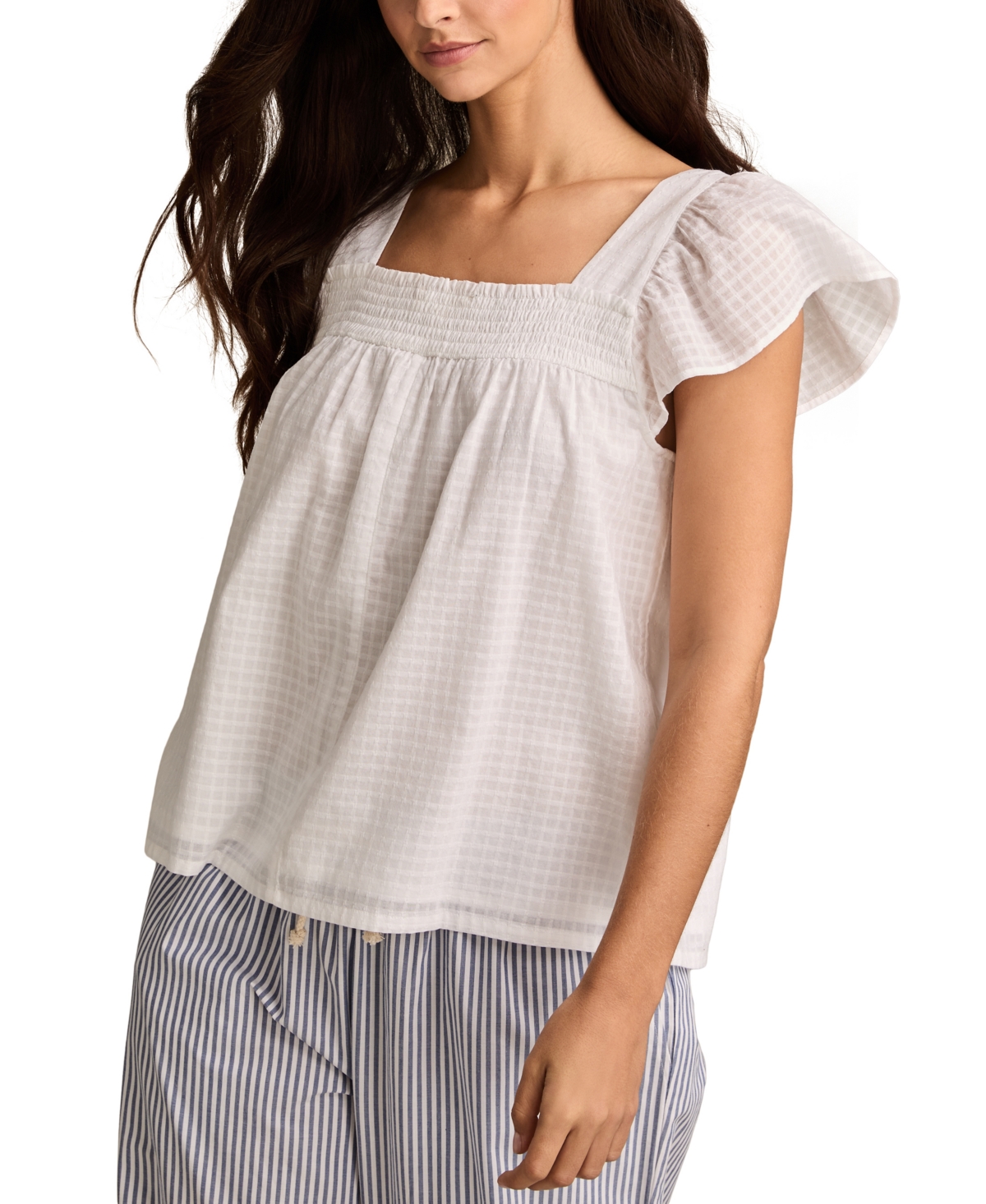 Lucky Brand Smocked Square Neck Cotton Peasant Top