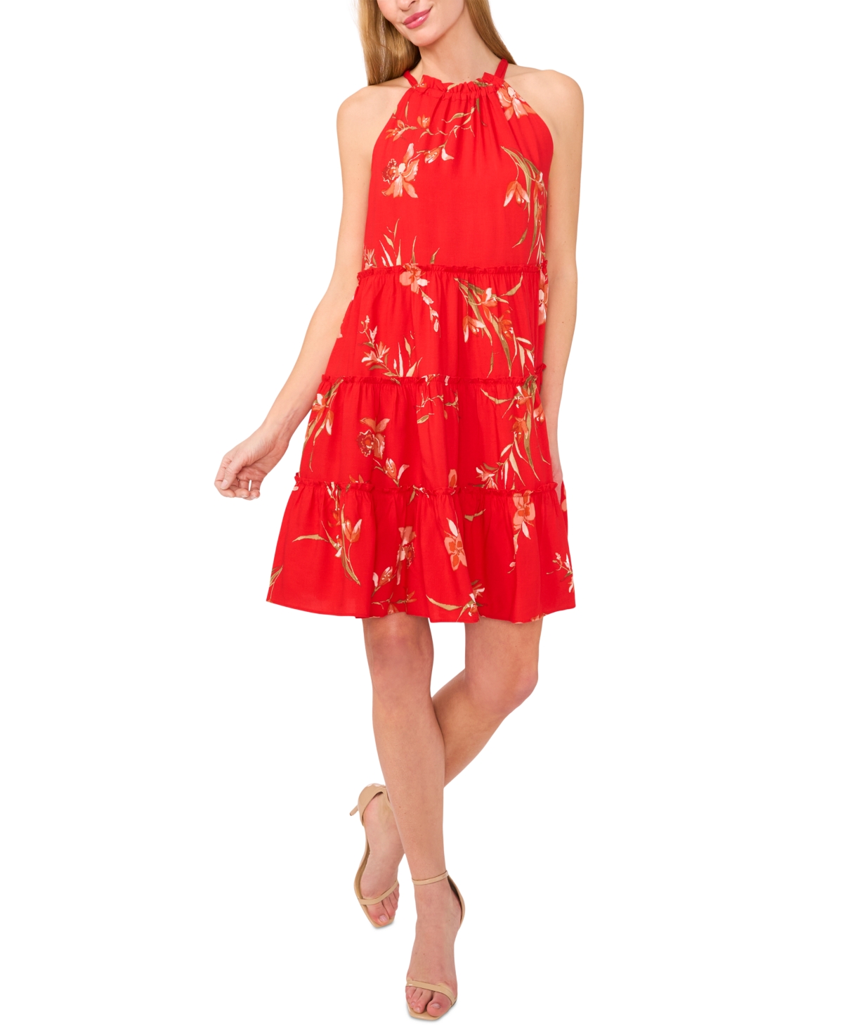 Women's Tiered Back-Tie Sleeveless Halter Dress - Fiery Red