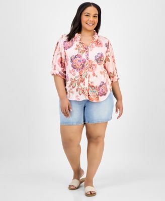 Trendy Plus Size Floral-Print Ruffle-Trim Blouse