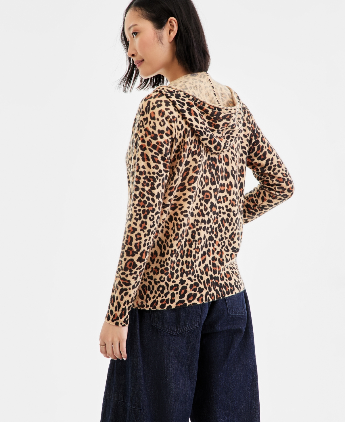 Charter Club Women's 100% Cashmere Leopard-print Full-zip Hoodie, Macy's Exclusive In White