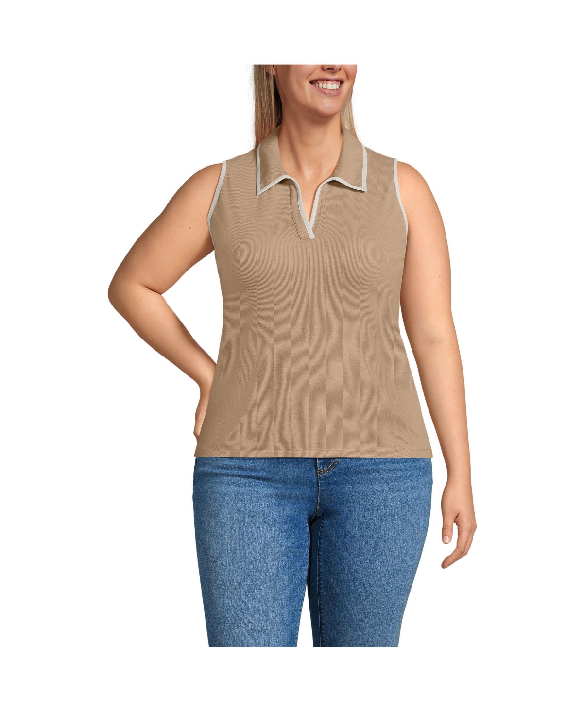 Plus Size Drapey Rib Sleeveless Johnny Collar Polo Shirt - Rich camel