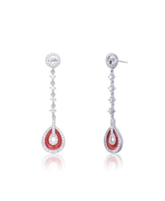 Sterling Silver White Gold Plating with Red Cubic Zirconia Drop Earrings