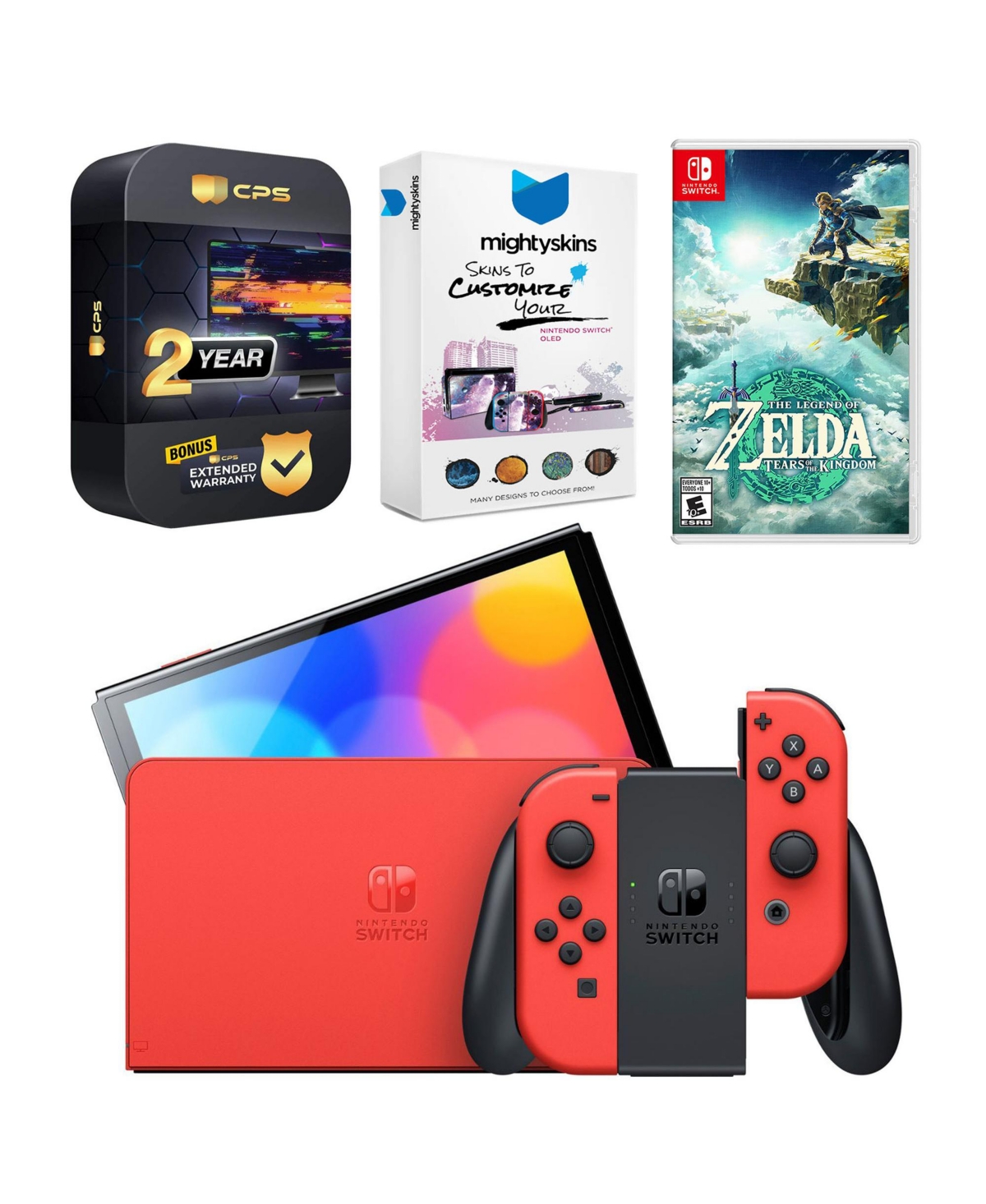Nintendo Switch Oled Mario Red Edition with The Legend of Zelda: Tears of the Kingdom, MightySkins Console and Controller Skin Voucher and 2 Year Cps
