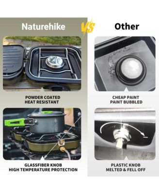 2 Burner Folding Camping Stove with Griddle, Portable Camp Isobutane Gas Stove with 16000 BTU Adjustable Burners & Piezo Ignition