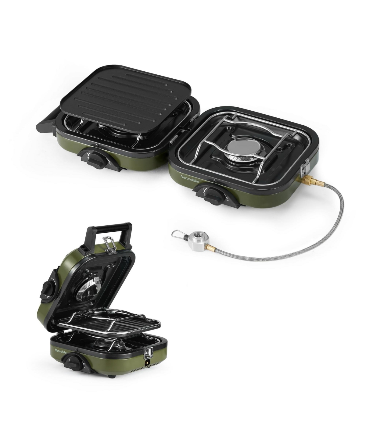 2 Burner Folding Camping Stove with Griddle, Portable Camp Isobutane Gas Stove with 16000 Btu Adjustable Burners & Piezo Ignition - Green