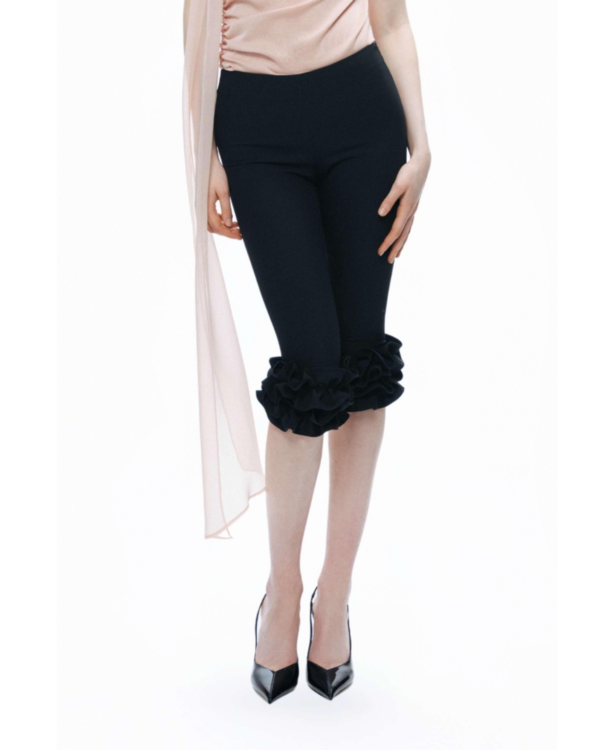 Women's Bermuda Pants with Ruffle Details - Black