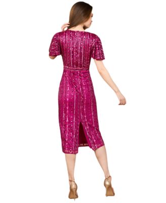 Women's Beaded Midi Dress with Flutter Sleeves