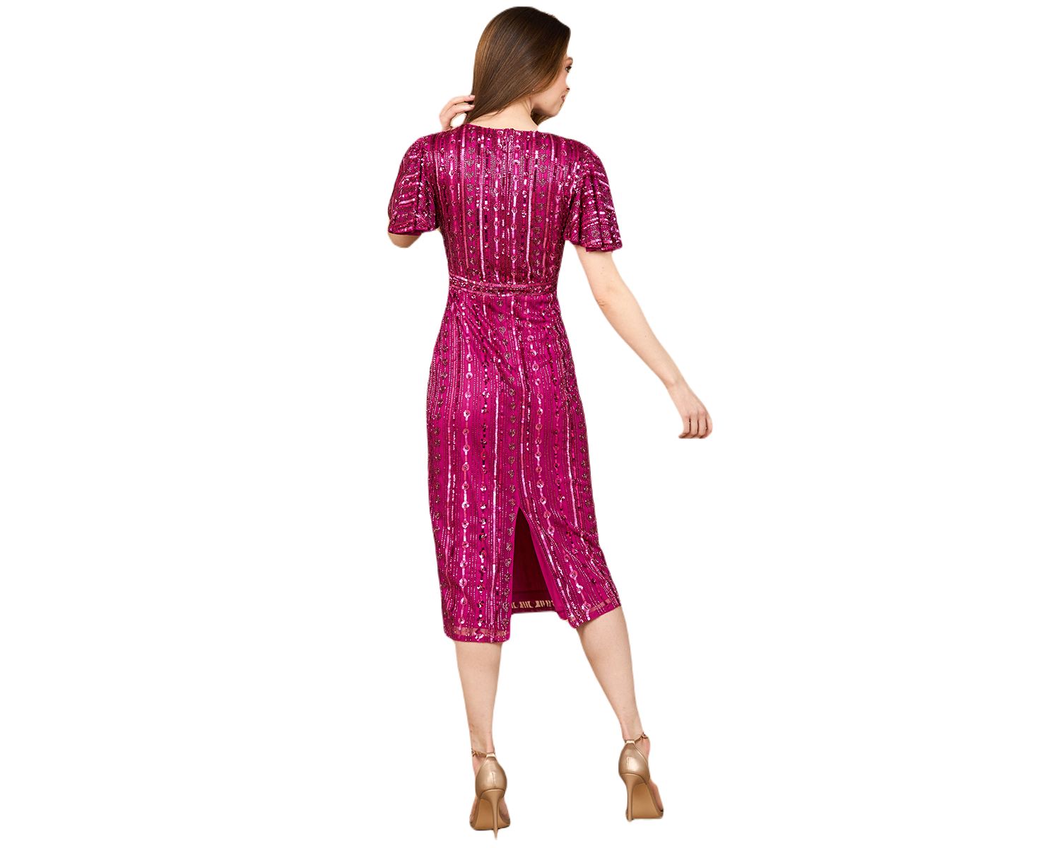Women's Beaded Midi Dress with Flutter Sleeves