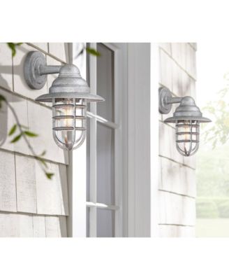 Marlowe 13 1/4" High Farmhouse Rustic Hooded Cage Outdoor Wall Light Fixture Mount Porch House Set of 2 Galvanized