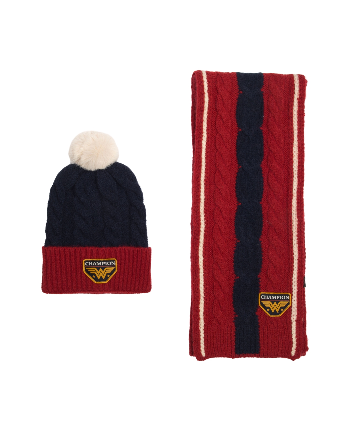 Men's Wonder Woman Champion Logo Adult 2-Pack Cable Knit Beanie & Scarf Set - Wonder woman champion