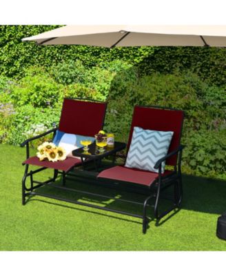 2-Person Double Rocking Loveseat with Mesh Fabric and Center Tempered Glass Table