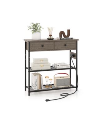 Narrow Console Table with 2 Drawers and 2 Metal Mesh Shelves