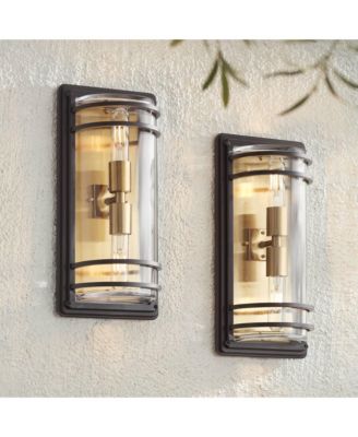 Habitat Modern Industrial Outdoor Wall Light Fixtures Set of 2 Bronze Brass 16" Clear Glass for Post Exterior Barn Deck