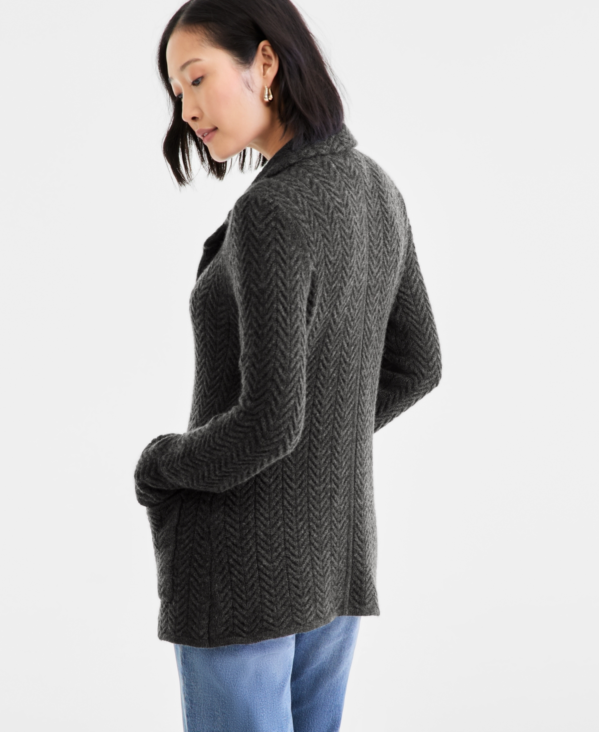 Charter Club Petite Herringbone-stitch Button-front Cashmere Jacket, Exclusively At Macy's