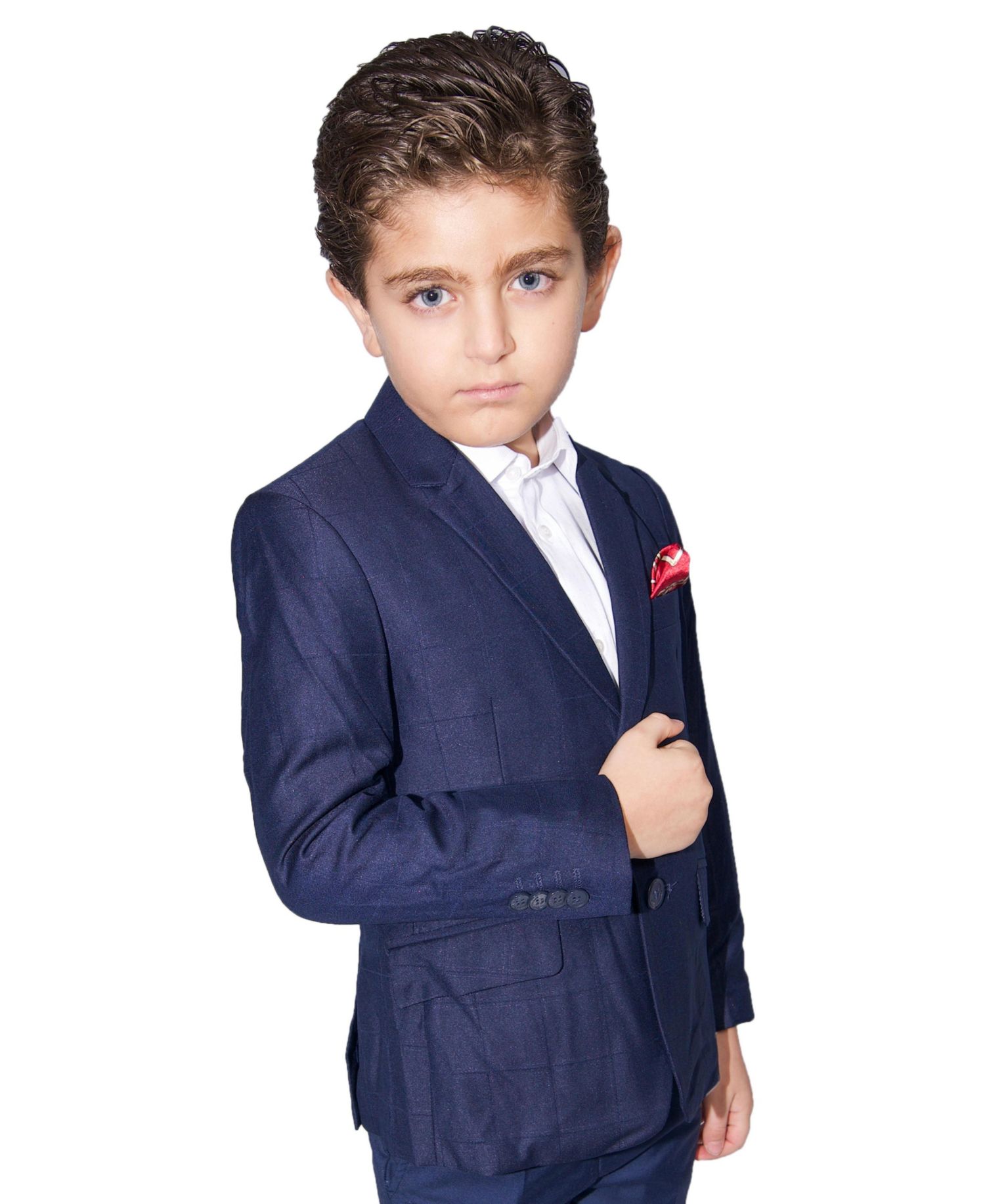 Boys Navy Slim Fit Windowpane Jacket