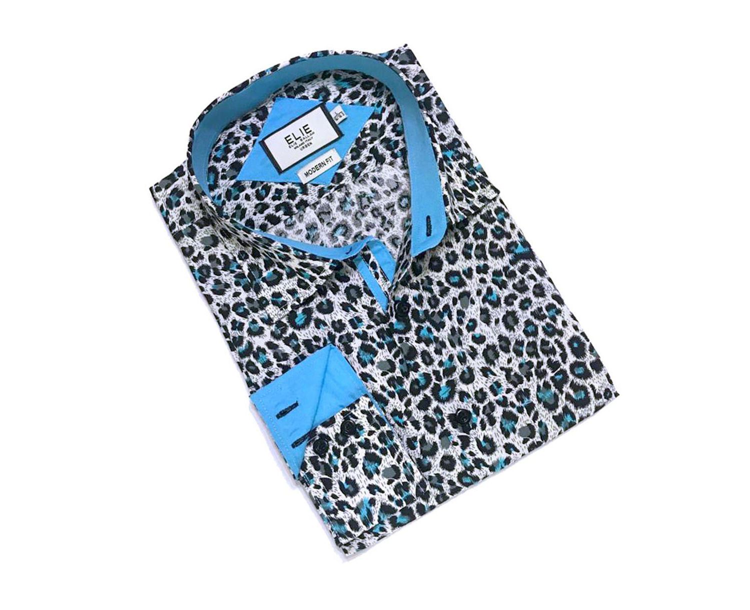 Little Boys Teal Slim Fit Leapord Button-Down Shirt