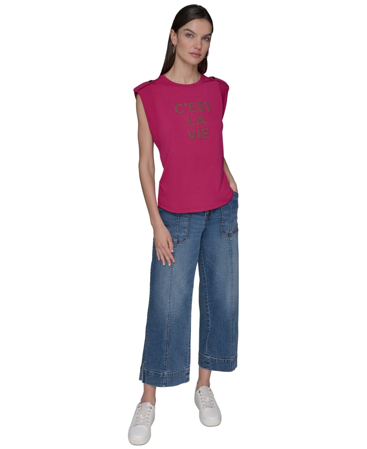 Karl Lagerfeld Plus Size C'est La Vie Extended-shoulder Top In Pink