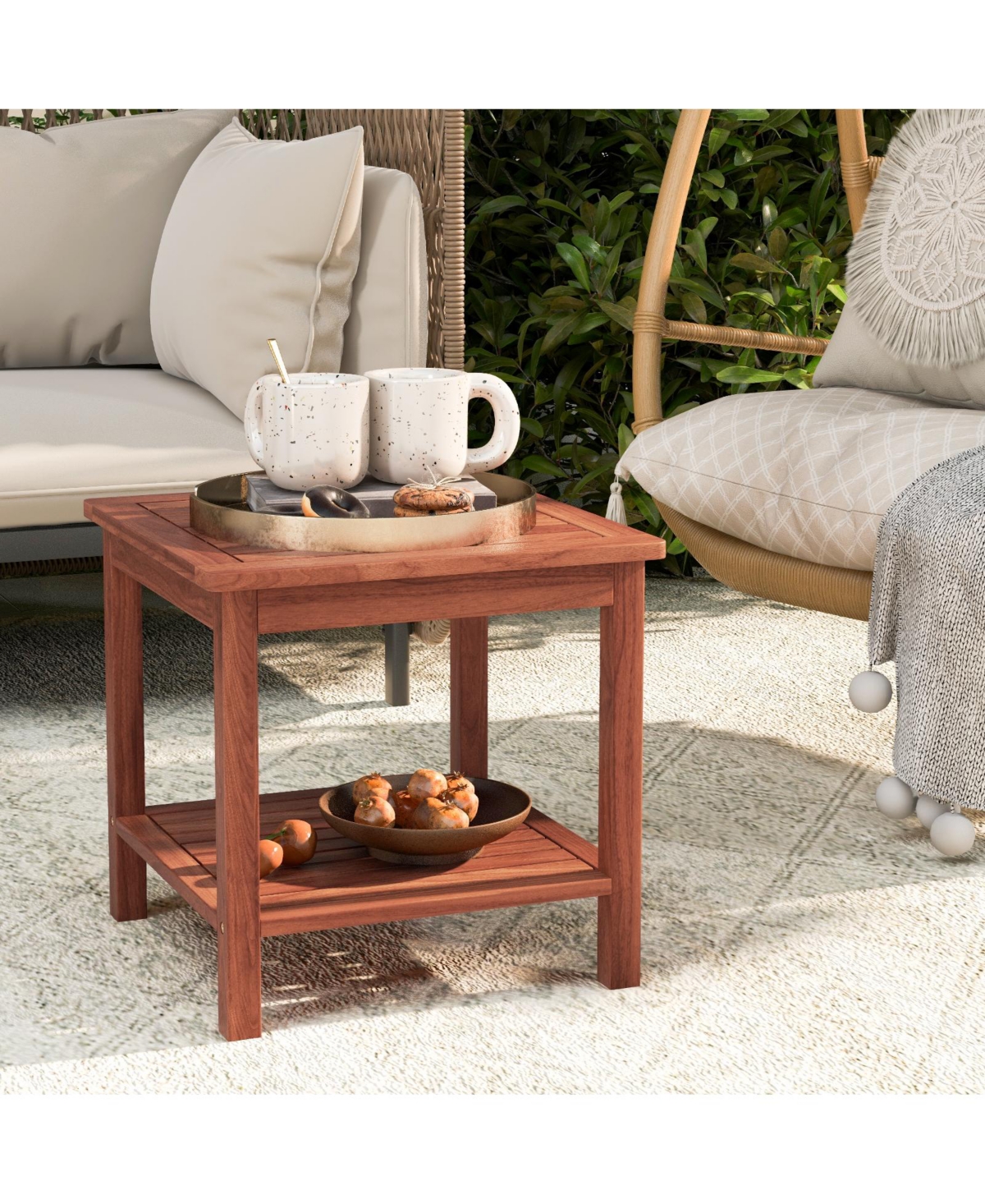 Set of 2 Double-Tier Acacia Wood Patio Side Table with Slatted Tabletop and Shelf