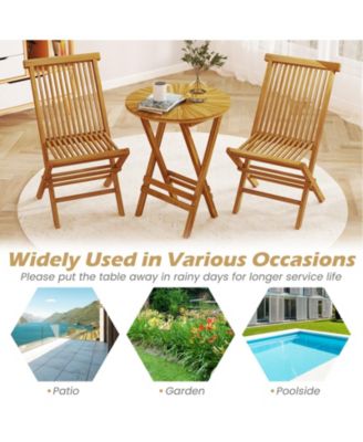 Patio Folding Side Table Teak Wood Round End Table with Slatted Tabletop and X-Shaped Frame