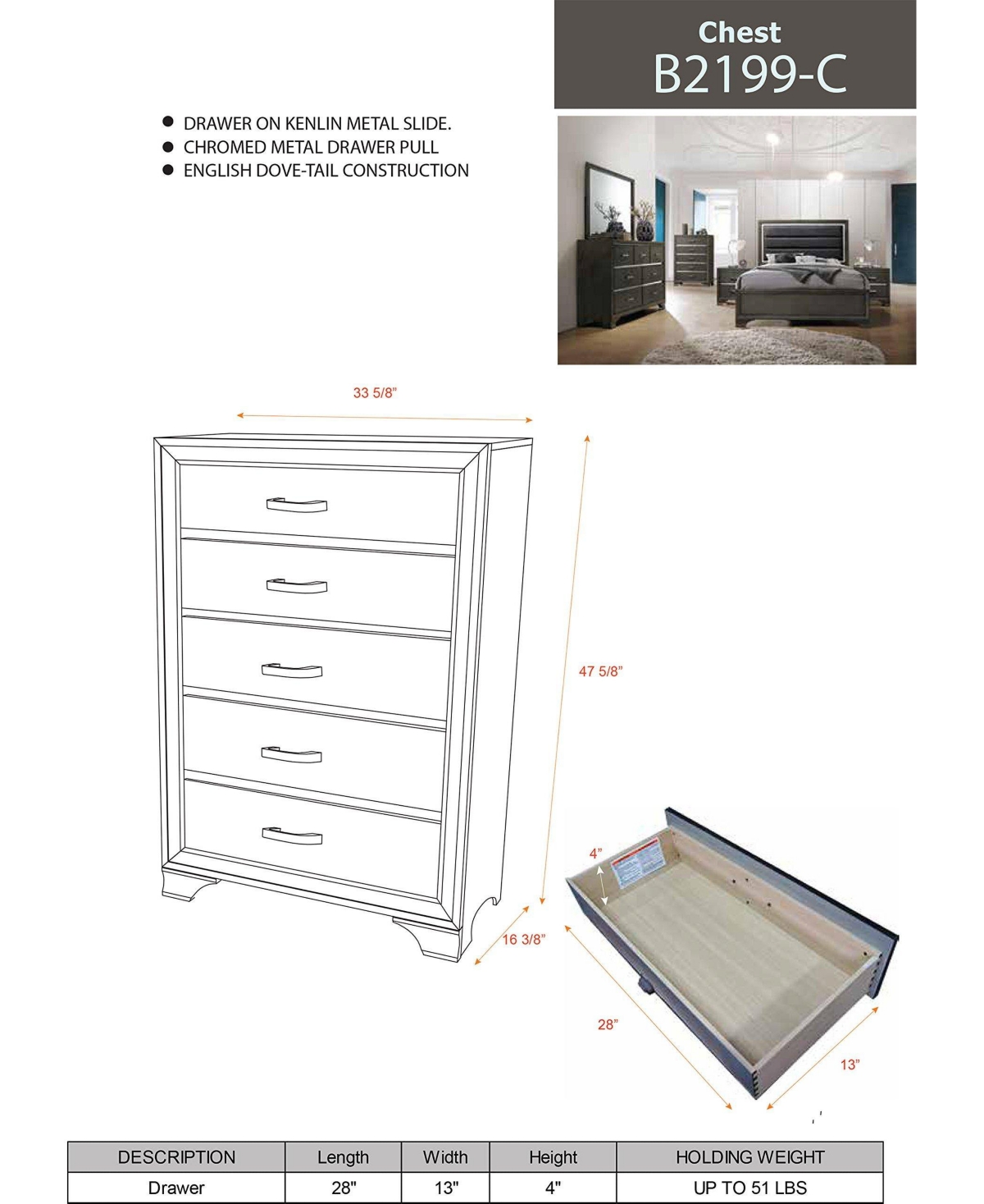 Kings Brand Furniture Oceana Wood 5 Drawer Chest