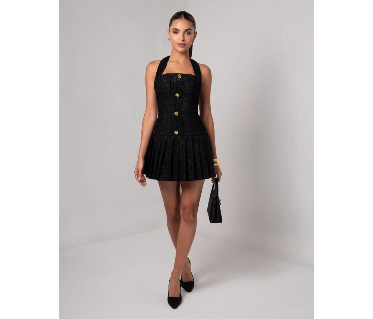 Women's Tweed Flare Mini Dress - Black