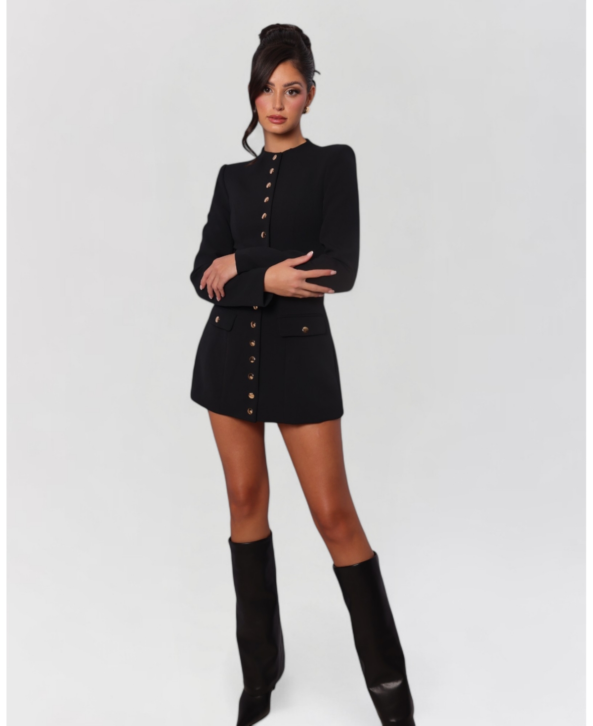 Women's Long Sleeve Gold Button Down Blazer Mini Dress - Black