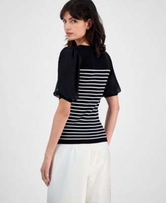 Women's Striped Puffed-Sleeve Ribbed Top