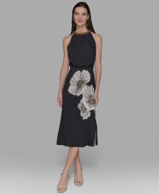 KARL LAGERFELD PARIS - Petite Beaded-Neck Floral-Graphic Dress