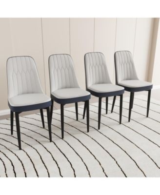 Set of 4 White and Blue Modern PU Leather Dining Chairs with Metal Legs