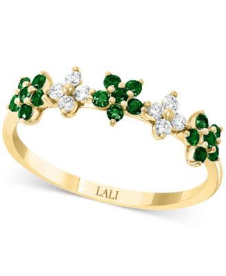 LALI Jewels - Emerald (1/3 ct. t.w.) & Diamond (1/6 ct. t.w.) Five Flower Ring in 14k Gold (Also in Ruby & Sapphire)