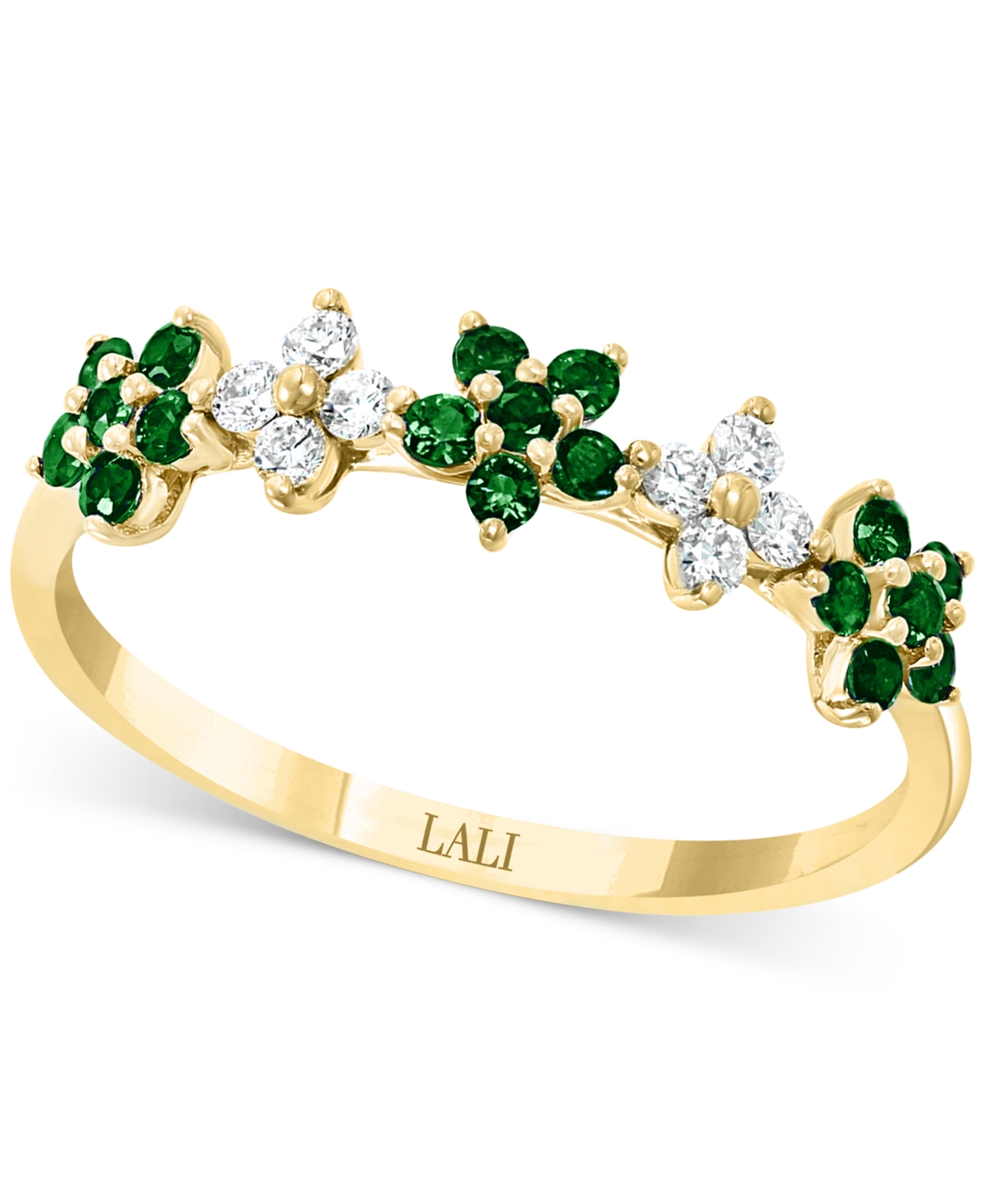 Emerald (1/3 ct. t.w.) & Diamond (1/6 ct. t.w.) Five Flower Ring in 14k Gold (Also in White Gold) - Emerald