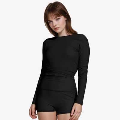 Plus Size Avery 2-Piece Long Sleeve Wrap Swim Set With Reversible Top and Tummy Control Shorts