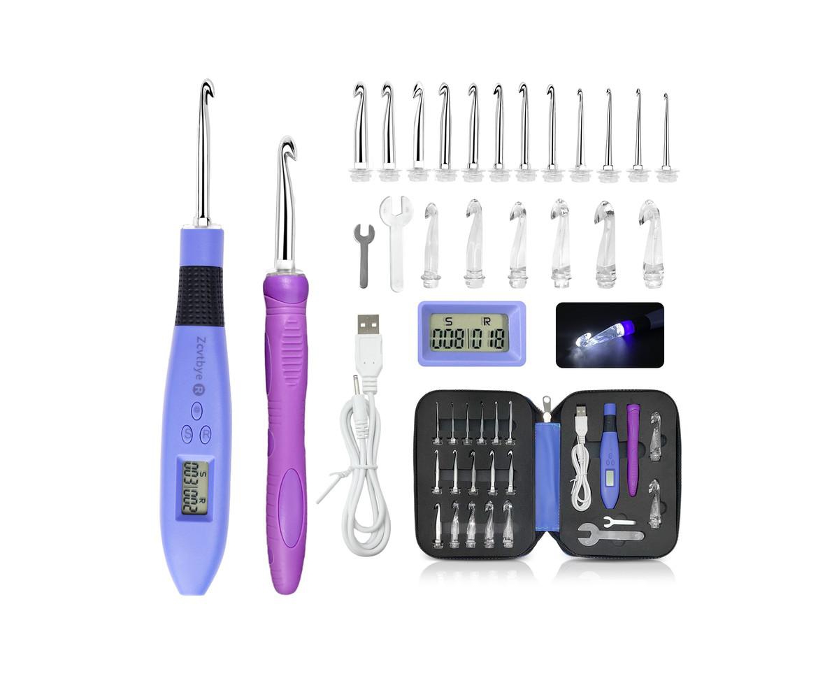 Rechargeable Lighted Crochet Hook Set with Stitch Counter, 18 Interchangeable Metal Heads, Ergonomic Handle &#x2013; Gift for Knitters