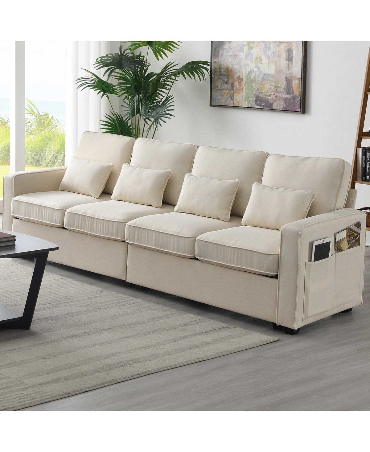 Streamdale Furniture 4-Seater Linen Sofa with Armrest Pockets and Pillows