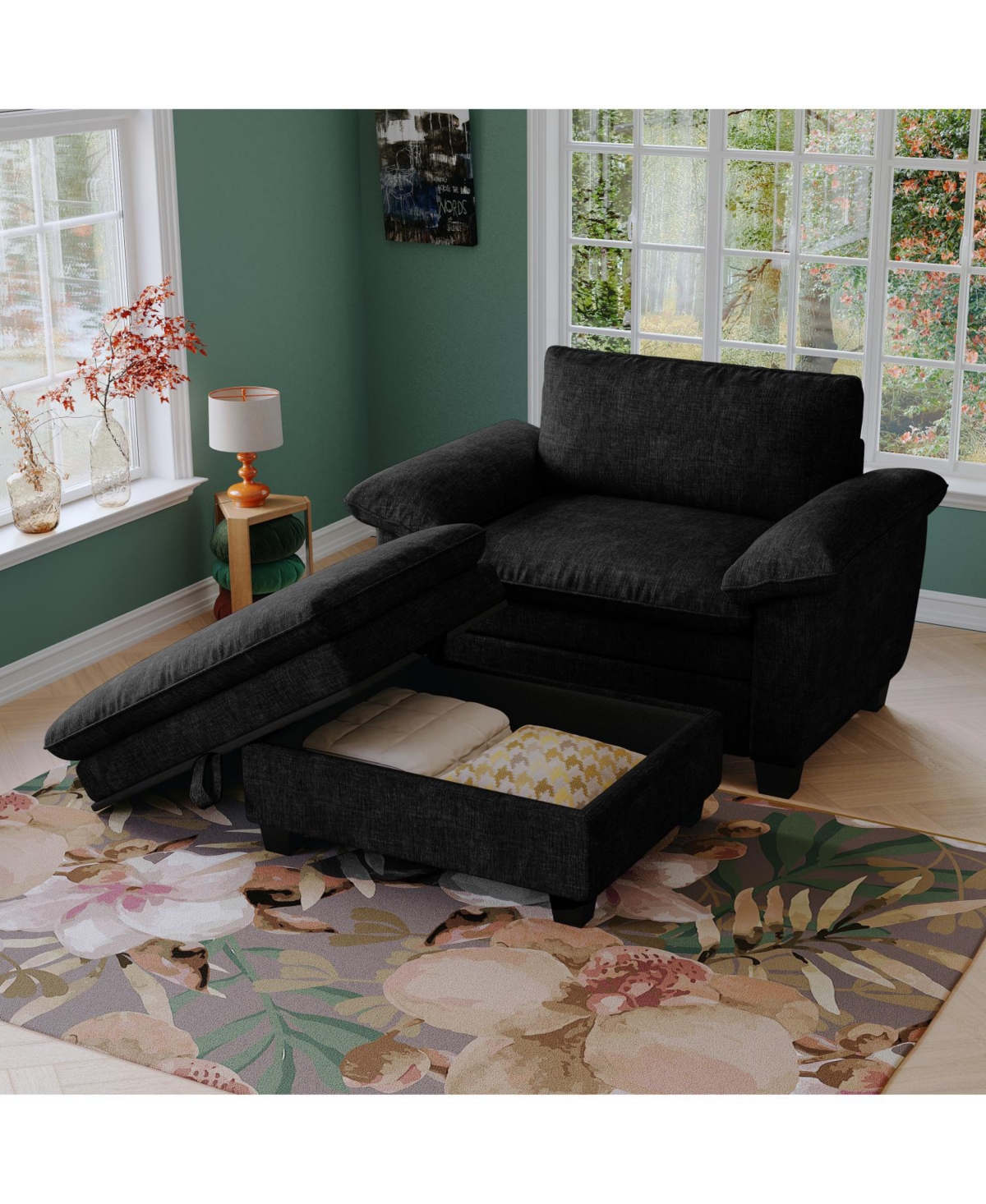Streamdale 51" Black Chenille Chaise Lounge with Ottoman & Storage