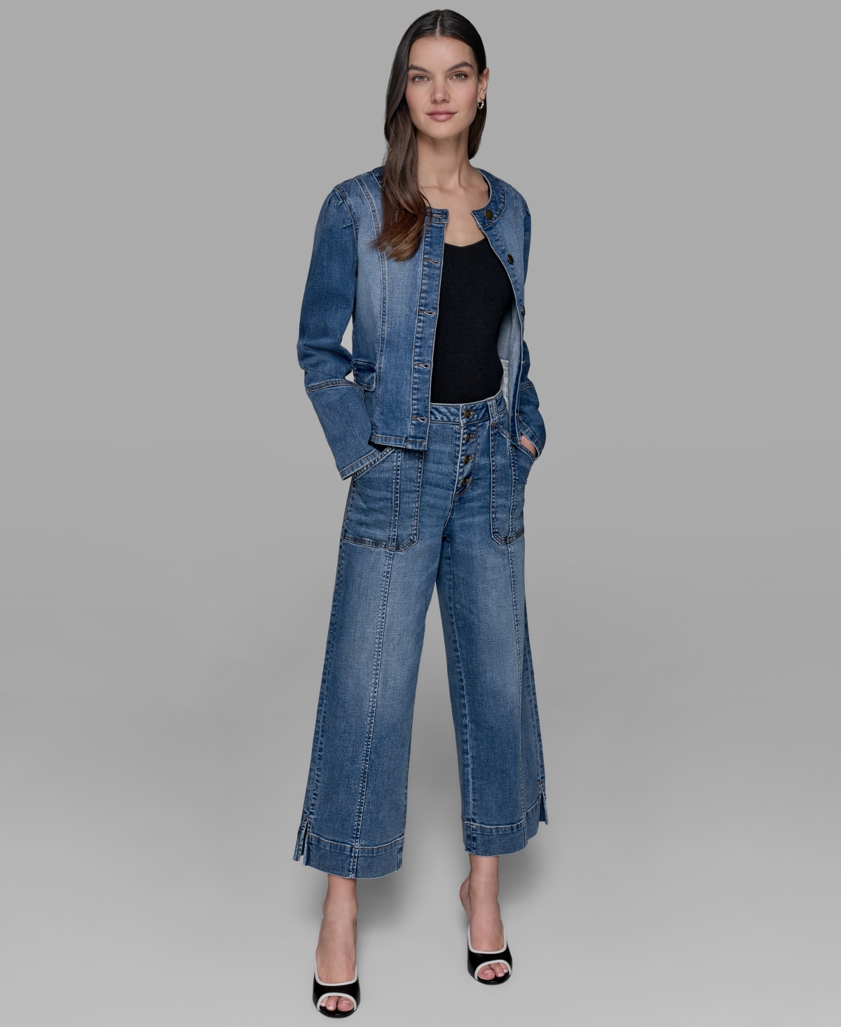 Karl Lagerfeld Petite Crewneck Button-front Denim Jacket In Blue