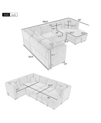 108" U-Shaped Sectional Sofa Bed with Storage Chaise, USB Ports & Power Sockets