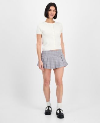 Juniors' Short-Sleeve Crewneck Cable-Knit Sweater